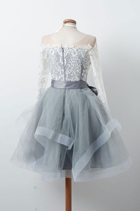 Gray round neck tulle lace short prom dress gray homecoming dress