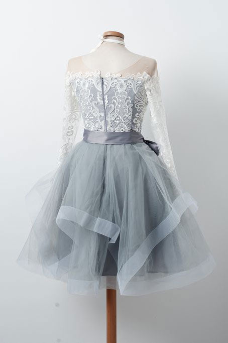 Gray round neck tulle lace short prom dress, gray homecoming dress