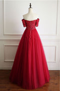 Burgundy tulle lace long prom dress, burgundy tulle evening dress