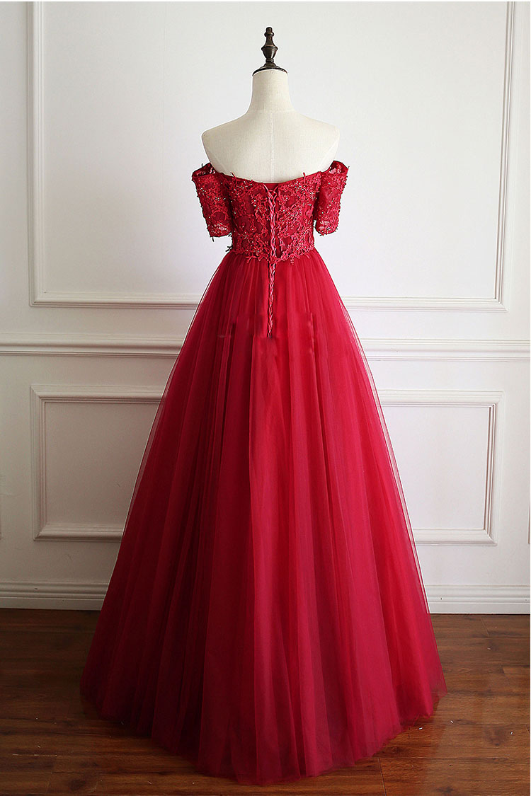 Burgundy tulle lace long prom dress, burgundy tulle evening dress