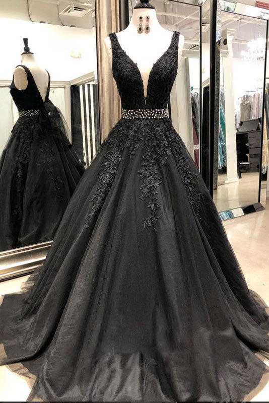 Black v neck lace tulle long prom dress, black evening dress