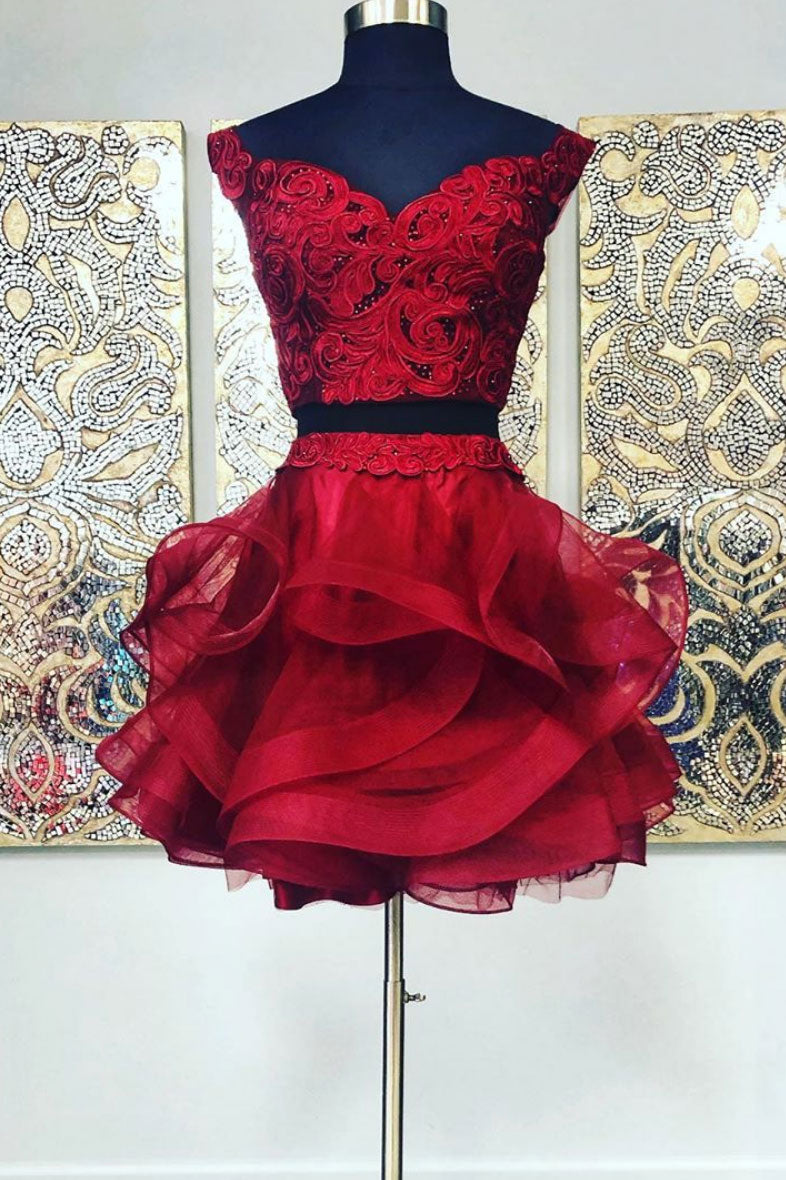 burgundy two pieces lace short prom dress burgundy homecoming dress