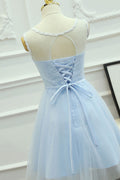 Cute round neck lace tulle blue prom dress, homeoming dress