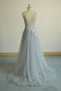 Gray v neck tulle lace long prom dress, gray evening dress