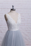 Gray v neck lace tulle long prom dress, tulle evening dress
