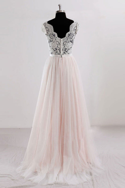 Champagne v neck lace tulle long prom dress, champagne tulle evening dress