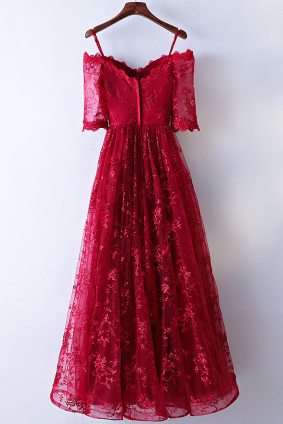 Pretty burgundy lace long prom dress, burgundy lace evening dress