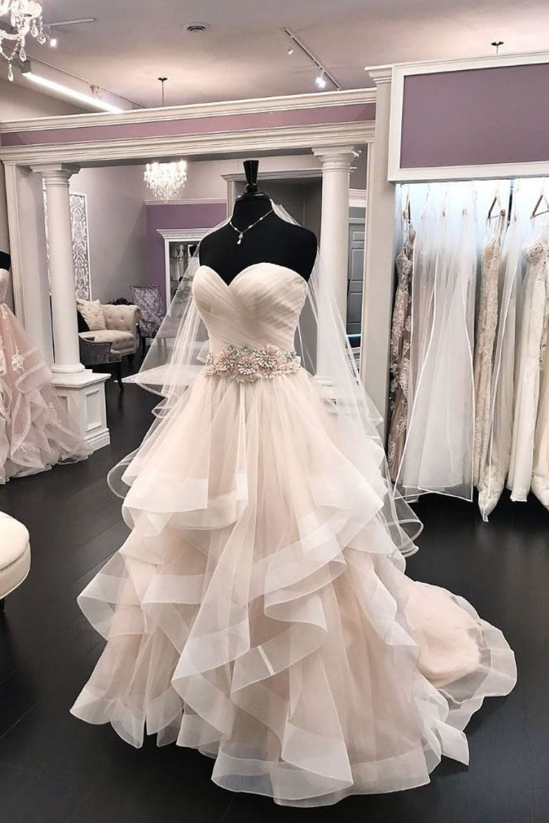 Light champagne tulle long prom dress, tulle wedding dress