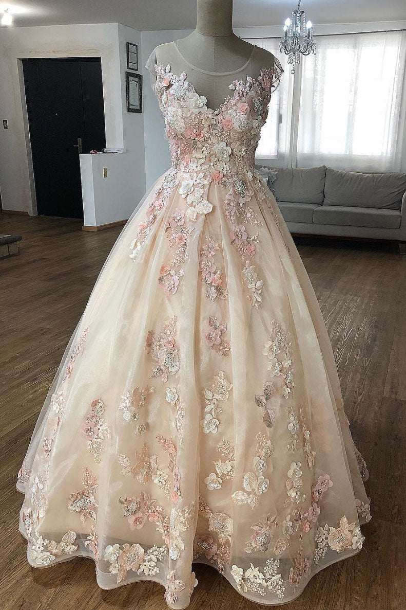 Champagne lace applique tulle long prom dress, tulle evening dress