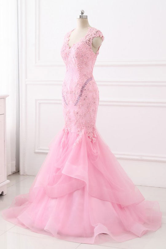 Unique pink lace mermaid long prom dress, pink evening dress