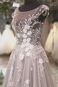 Light gray tulle lace applique long prom dress, gray evening dress
