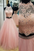 Pink tulle two pieces lace long prom dress, pink tulle evening dress