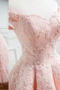 Pink sweetheart tulle lace long prom gown, pink lace formal dress