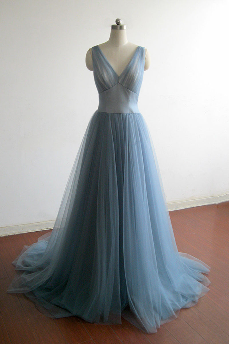 Simple gray blue tulle long prom dress, evening dress