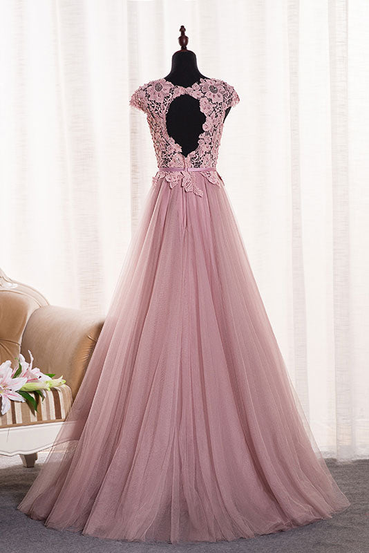 Pink round neck tulle lace applique long prom dress, tulle evening dress
