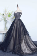 Black off shoulder tulle long prom dress, black evening dress