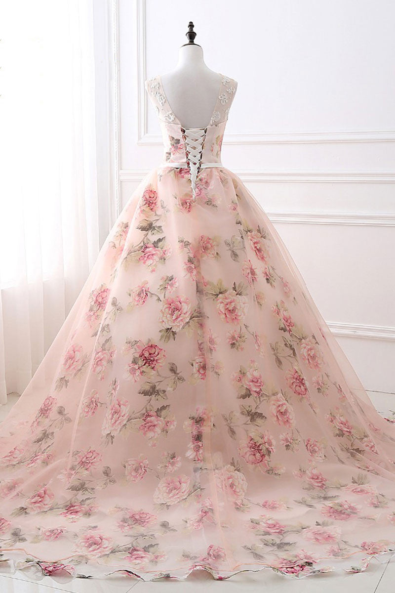 Unique round neck printing long prom gown, evening dress
