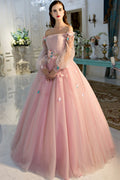 Pink off shoulder tulle long prom dress, sweet 16 dress