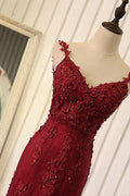 Red mermaid lace long prom dress, lace mermaid evening dress