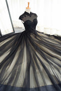 Black tulle lace long prom dress, black tulle evening dress
