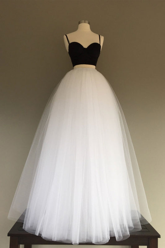 Simple white/black tulle two pieces long prom dress, evening dress