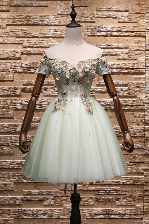 Light green tulle lace applique short prom dress, homecoming dress