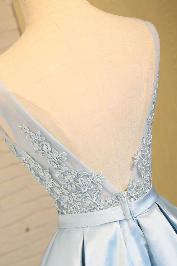 Light blue v neck lace applique short prom dress, blue homecoming dres dresstby Light blue v neck lace applique short prom dress, blue homecoming dres dresstby