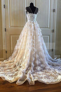 Champagne round neck lace long prom dress, champagne wedding dress