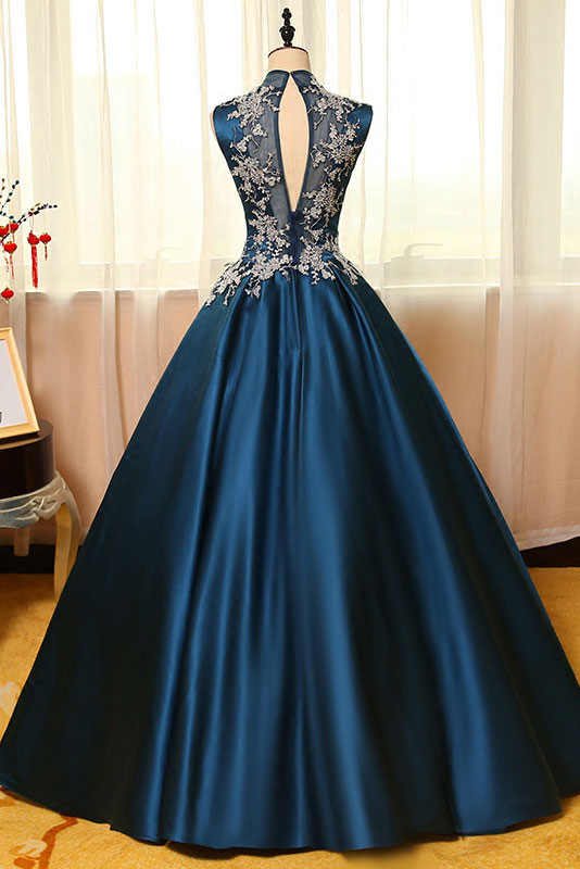 Peacock Blue satin lace applique long prom dress, evening dress