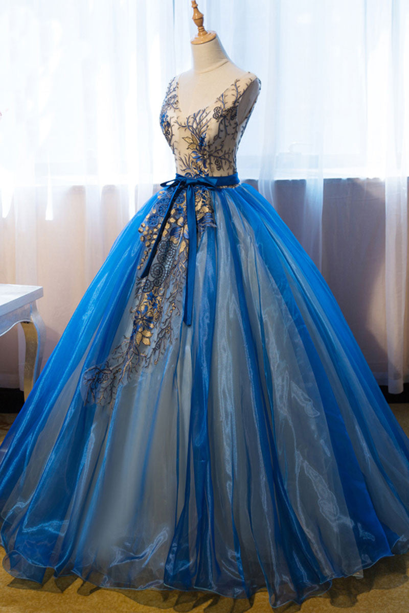 Unique v neck blue embroidery long prom dress, sweet 16 dress