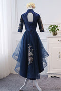 Dark blue lace applique short prom dress, blue evening dress