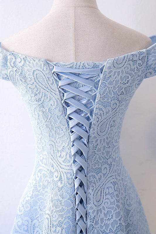 Blue lace tea Length prom dress, blue evening dress