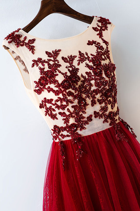 Burgundy tulle lace applique long prom dress, evening dress