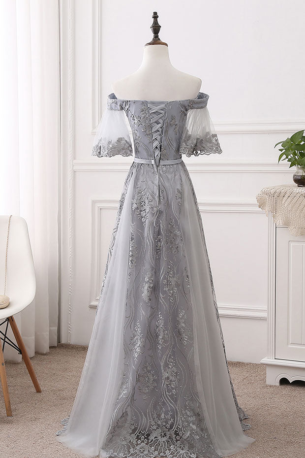 Gray tulle lace long prom dress, gray bridesmaid dress