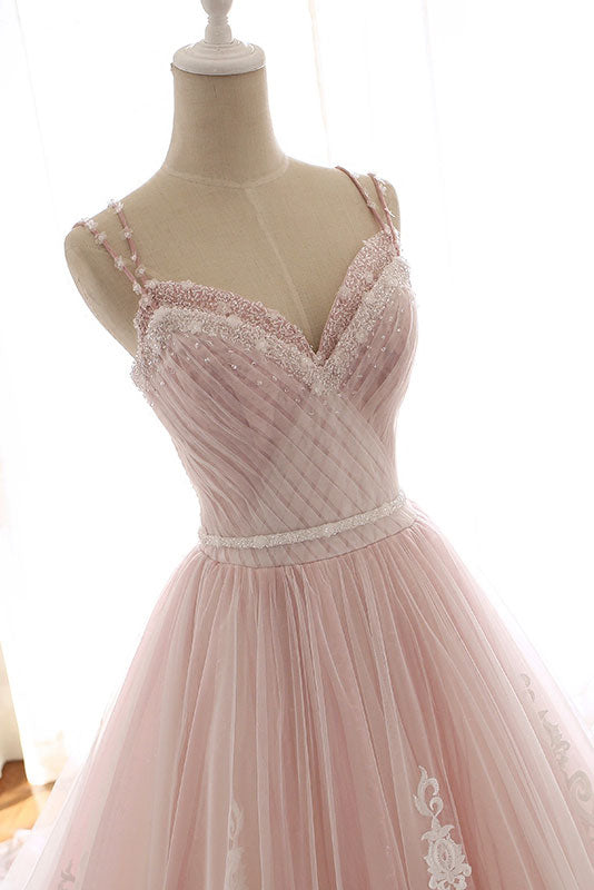 Pink sweetheart neck tulle long prom dress, lace tulle evening dress