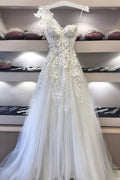 White sweetheart neck lace applique long prom dress, white evening dress