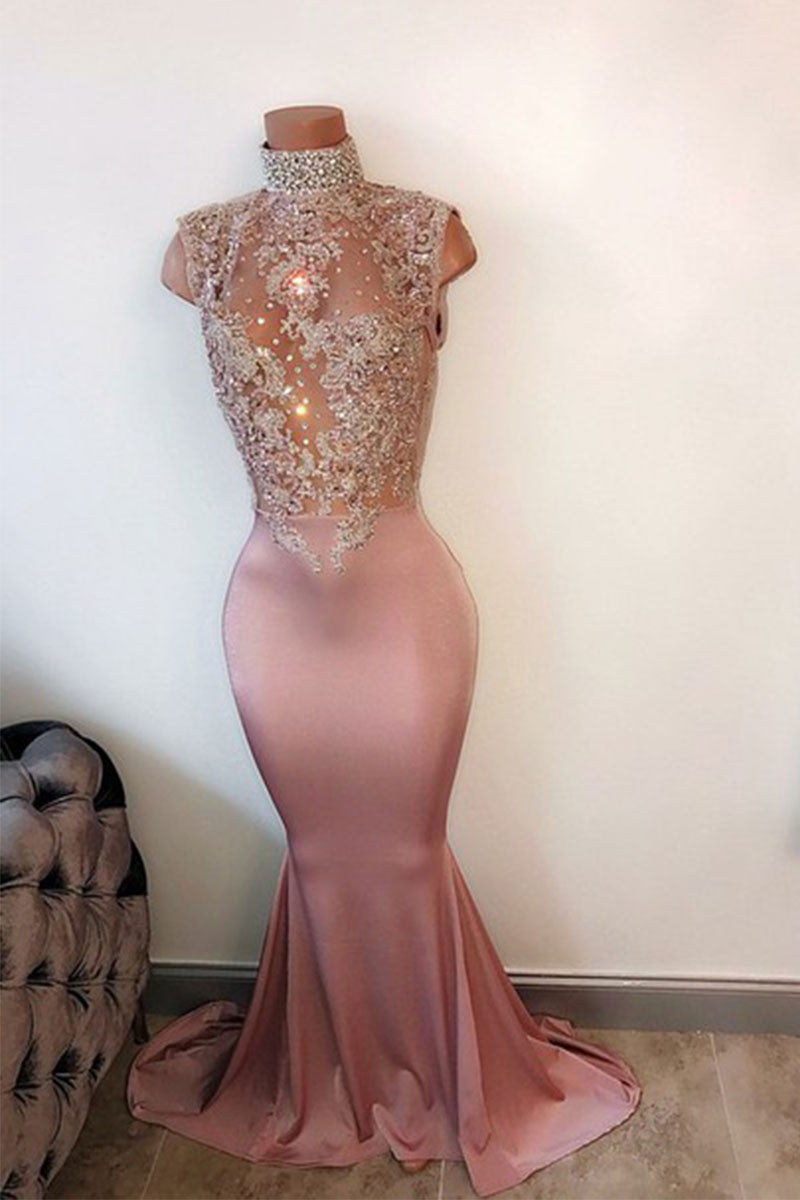 Pink high neck lace sequin mermaid long prom dress, evening dress
