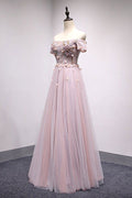 Pink tulle lace long prom dress, pink tulle evening dress