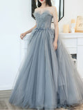 Gray sweetheart neck tulle long prom dress, gray tulle formal dress