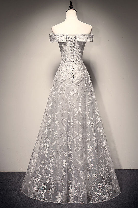 Gray lace long prom dress, gray lace evening dress