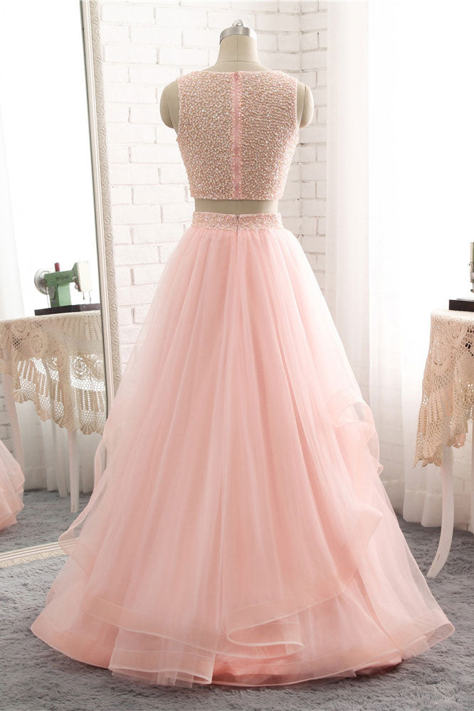 Pink two pieces beads tulle long prom dress, pink evening dress
