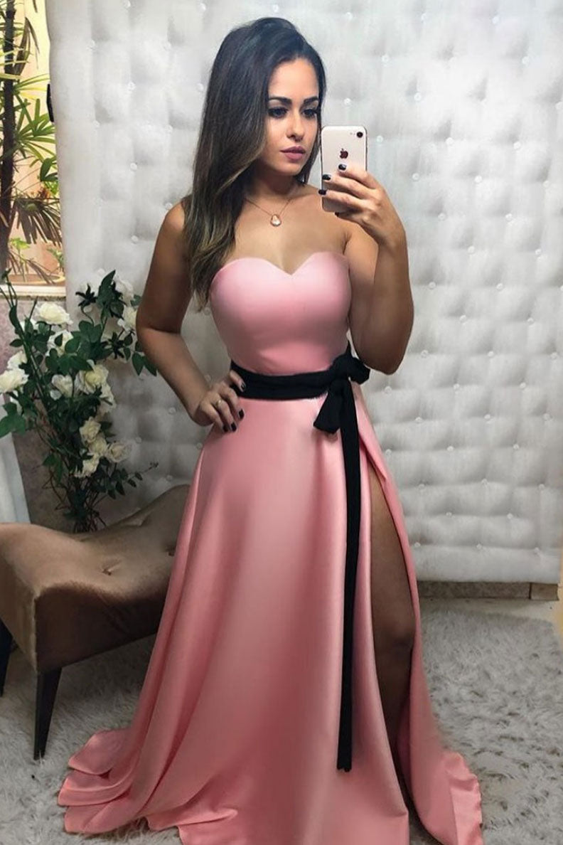 Simple sweetheart pink satin long prom dress pink formal dress