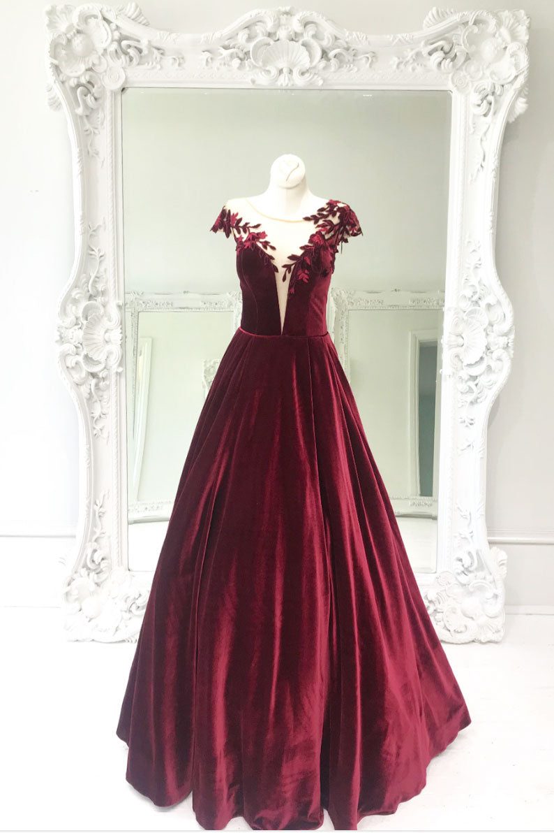 Simple burgundy lace long prom dress, burgundy evening dress