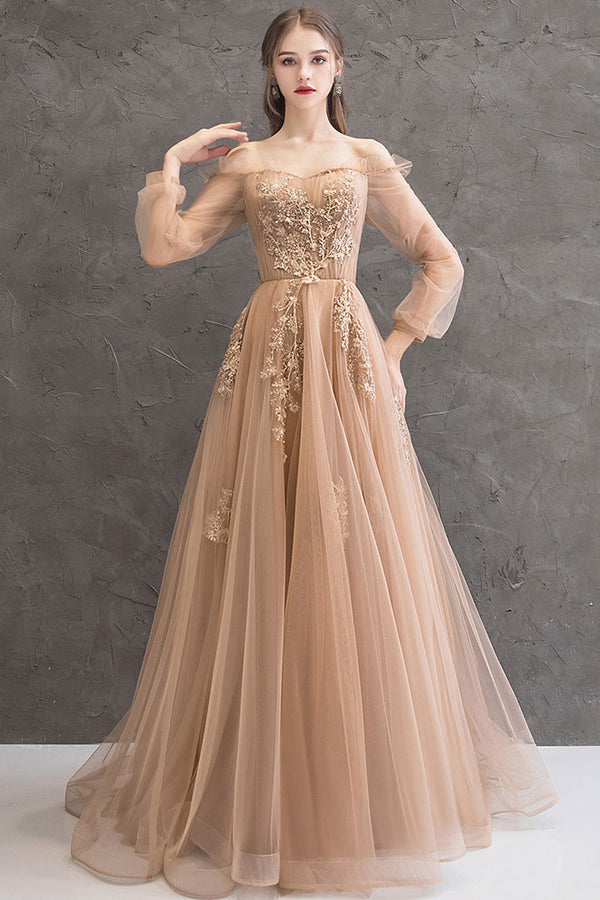 Champagne tulle lace long prom dress champagne tulle lace evening dress