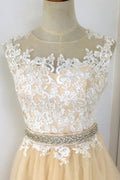 Champagne A-line tulle lace applique long prom dress, wedding dress