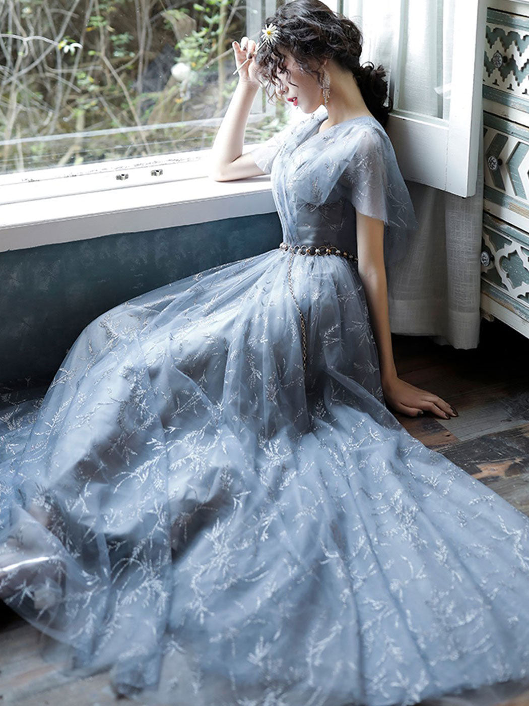 Blue v neck tulle long prom dress, blue lace evening dress