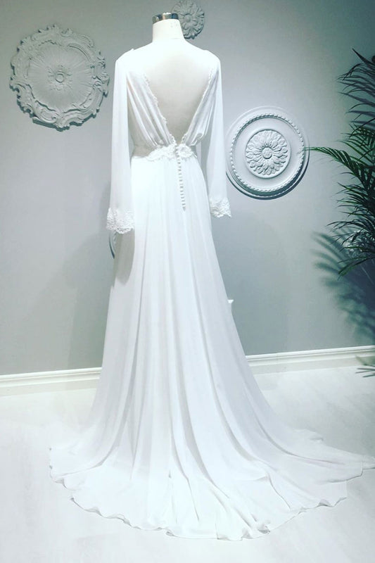 White chiffon v neck long prom dress, white evening dress
