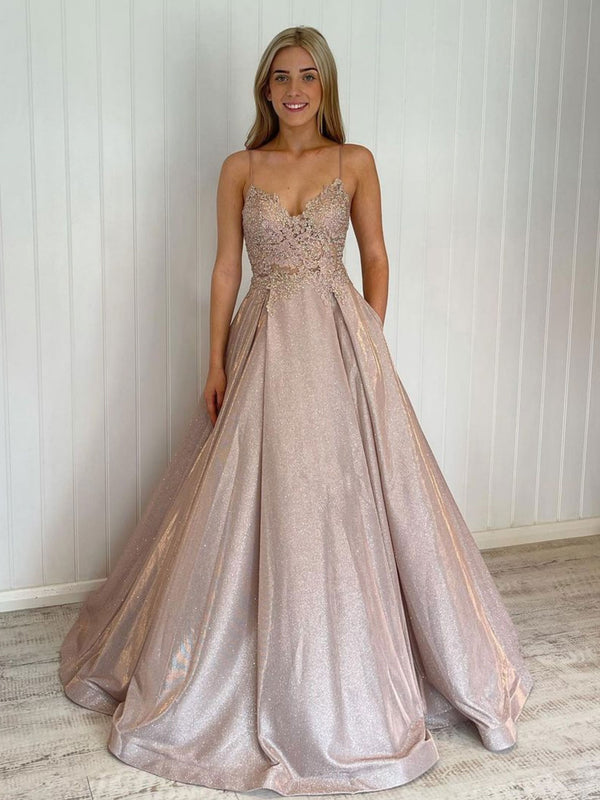 Champagne lace A line satin long prom dress, evening dress