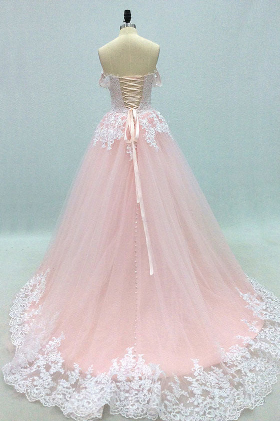 Pink sweetheart neck tulle lace long prom dress, pink tulle evening dress