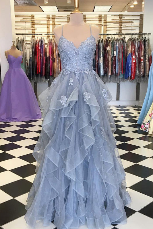 Gray tulle lace long prom dress, gray tulle lace evening dress